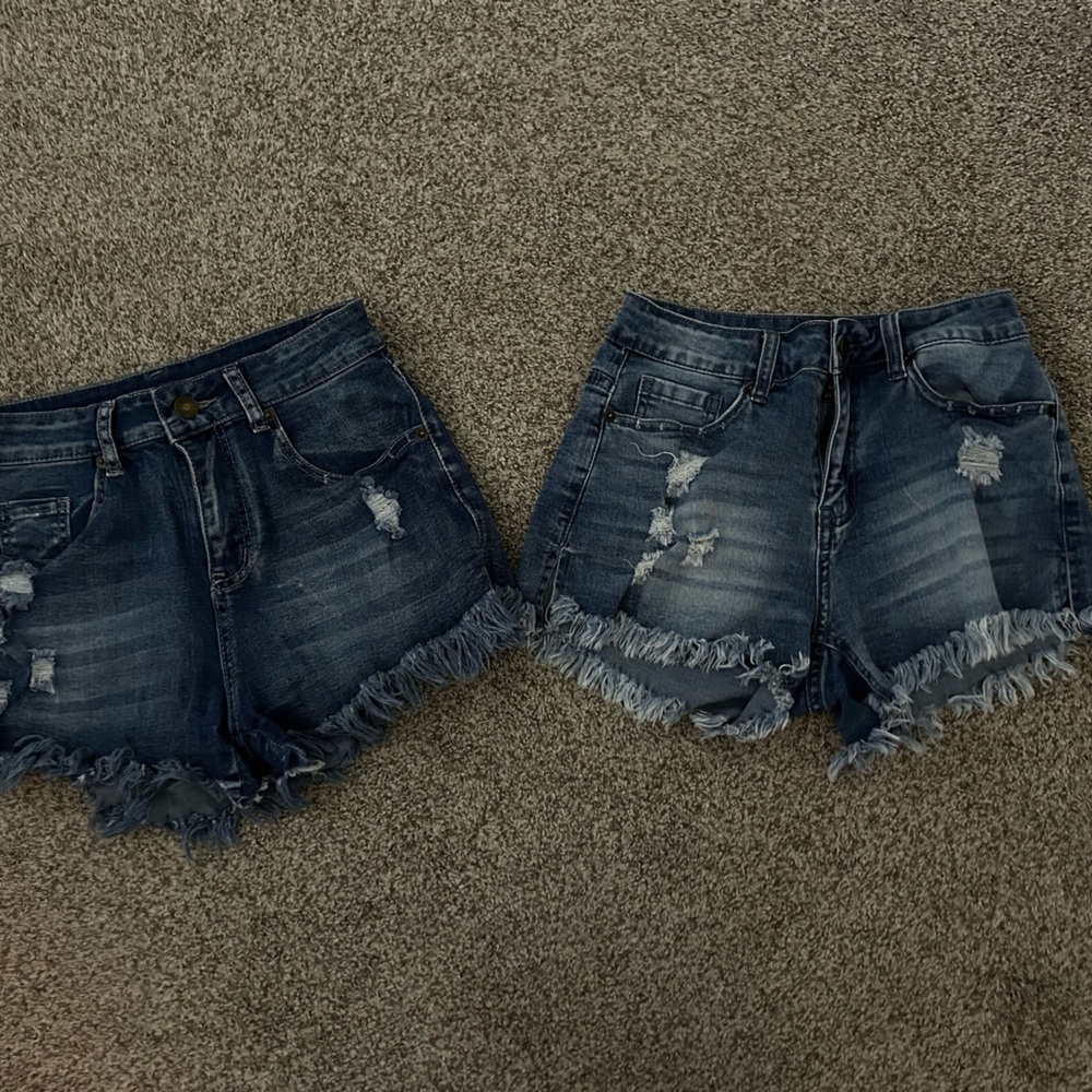 Dark and Medium Blue Distressed Denim Cutoff Shorts